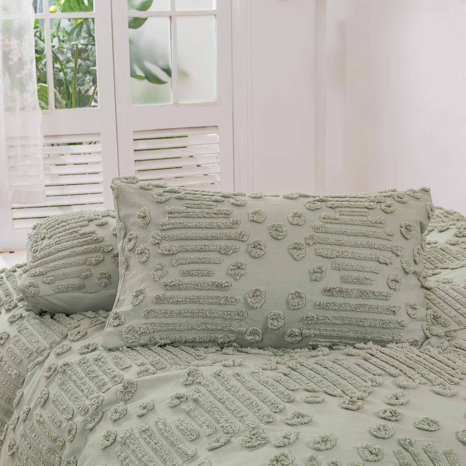 Dreamaker Fletcher Ultrafine Tufted Chenille Quilt Cover Set Sage - Picture 13 of 45